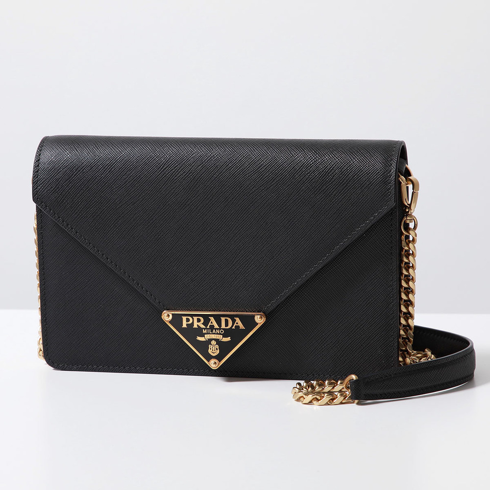 Prada Shoulder Bag Envelope Saffiano Leather Chain Triangle